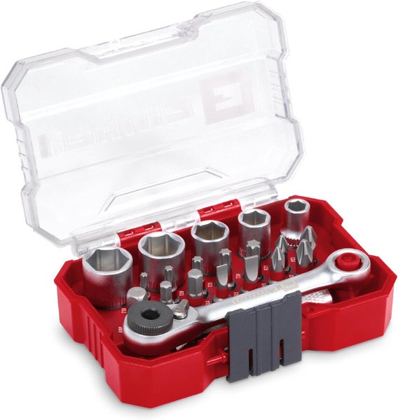 Einhell XS-CASE 21-tlg. Bit- und Steckschlüssel-Set (25-mm-Bits, Steckschlüssel, Schnellwechselbithalter, Adapter, Umschaltknarre inkl. Aufbewahrungsbox)