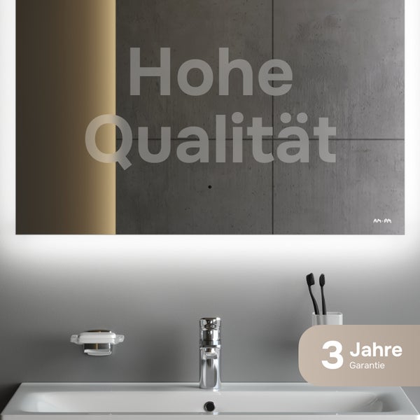 Modernes Badezimmer mit LED-Spiegel, weißem Waschbecken, verchromter Armatur und 3 Jahren Garantie. AM.PM Logo.