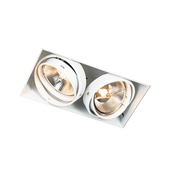 Weißer zweiflammiger Einbaustrahler, rechteckiges Gehäuse mit zwei runden, schwenkbaren Spots und strukturierten Reflektoren.
