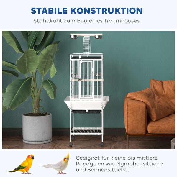 Weißer Vogelkäfig aus Stahldraht mit Rollen, Freisitz und Futternäpfen, geeignet für kleine bis mittlere Papageien wie Nymphensittiche.
