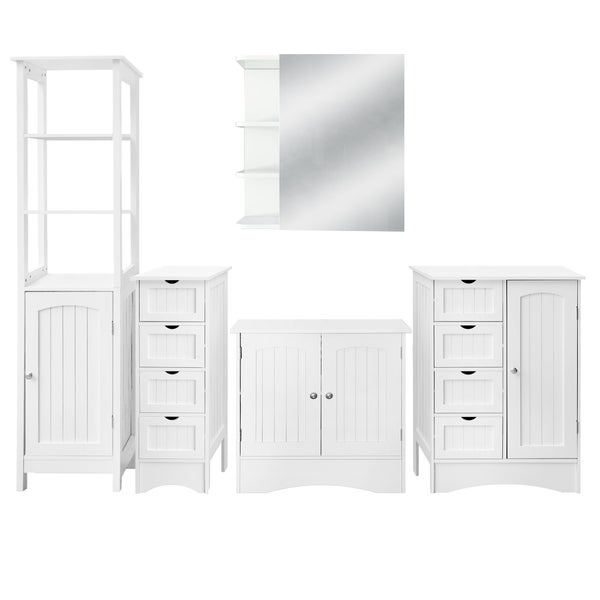 ML-Design Badmöbel-Set 5-teilig, Badezimmermöbel Set, Badmöbel Komplettset, Spiegelschrank Waschtisch mit Unterschrank Hochschrank Badezimmerschrank Badschrank, Landhausstil, Weiß, Holz, viel Stauraum