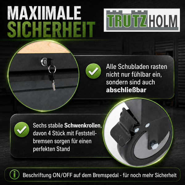 Trutzholm Logo. Detailansicht einer abschließbaren Schublade mit Schlüssel und einer Schwenkrolle mit Feststellbremse für einen Werkstattwagen.