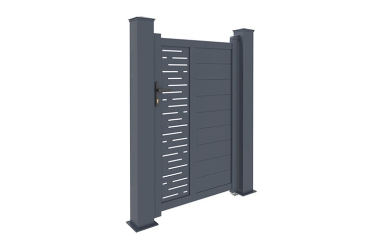 Gartentor aus Metall in Anthrazit mit zwei Pfosten, Drückergarnitur und dekorativen waagerechten Aussparungen.