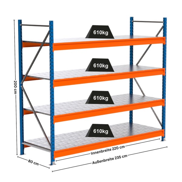 Lagerregal mit vier Ebenen und Gewichtsangabe