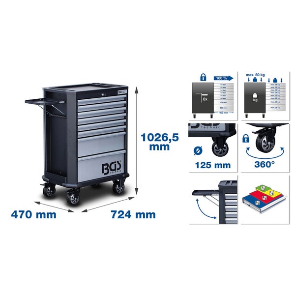 Werkstattwagen mit Schubladen und Rollen von BGS mit Maßangaben