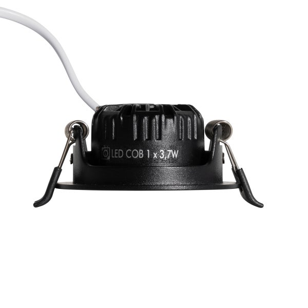 Schwarzer LED-Einbaustrahler mit LED COB Technologie, 1 mal 3,7 Watt, inklusive Federklemmen für die Deckenmontage und weißem Anschlusskabel.