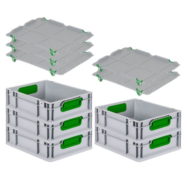 PROREGAL Spar Set 5x Eurobox Nextgen Color Mit Auflagedeckel & Schiebeschnappverschlüsse HxBxT 12 x 30 x 40 cm Griffe Grün Geschlossen Glatter Boden