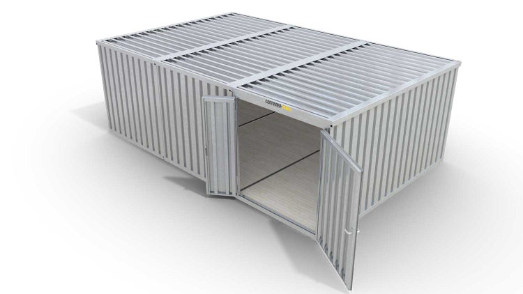 Lagercontainer Gerätehaus M3  – 18 qm, H2150 x B3050 x T6520 mm, verzinkt, mit Holzfußboden, 1830 mm Doppelflügeltür mittig in Modul D, zerlegt