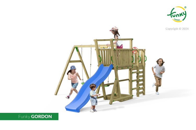 Holz-Spielturm Funky Gordon mit blauer Rutsche, Doppelschaukel und Leiter in heller Atmosphäre, spielende Kinder und Funky Combo Logo.