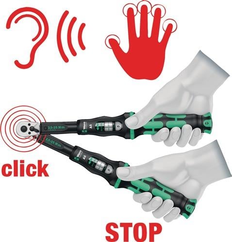 Illustration zur korrekten Verwendung eines Drehmomentschlüssels mit akustischem Signal und Handstopp.