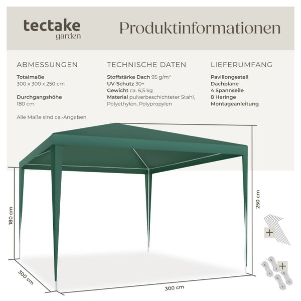Pavillon tectake Farah wasserdicht 3 x 3 m grün