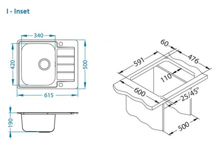 Technische Zeichnung einer Einbauspüle mit Maßangaben in Millimetern für die Montage in der Küche.