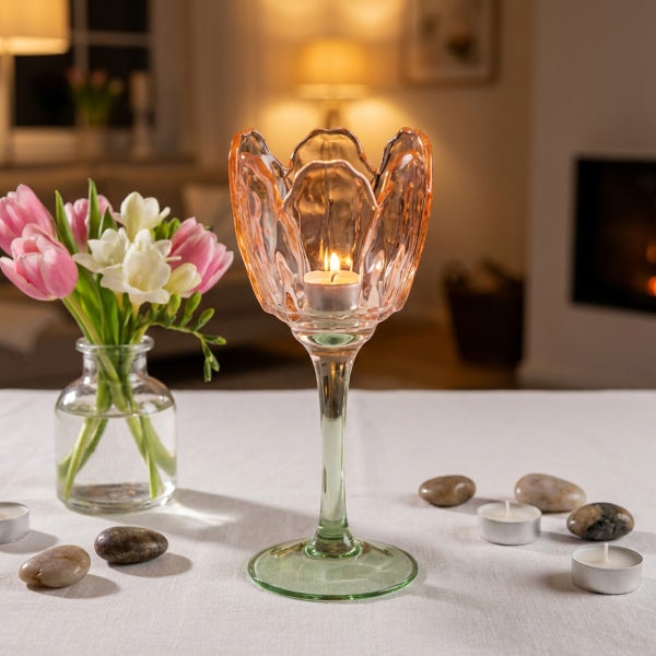 Kelchförmiges Windlicht aus Glas für Teelichter auf einem Tisch mit Tulpenstrauß und Dekosteinen.