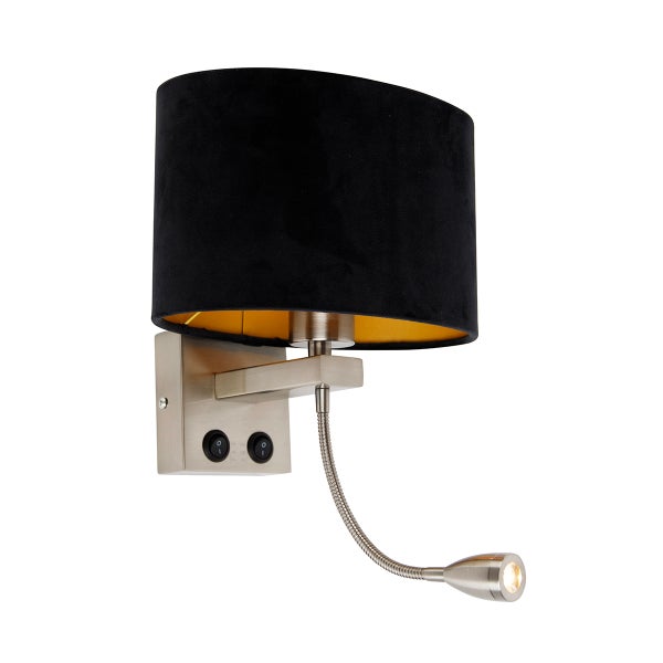 Wandleuchte Stahl mit ovalem Samtschirm schwarz 25cm - Brescia Combi