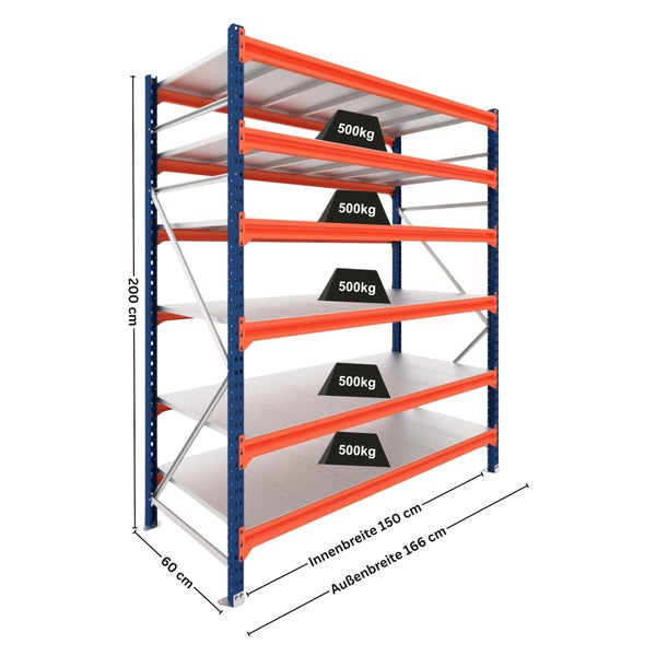 Schwerlastregal mit 5 Fachböden, Tragkraft 500 Kilogramm pro Boden, Höhe 200 Zentimeter, Außenbreite 166 Zentimeter, Tiefe 60 Zentimeter.