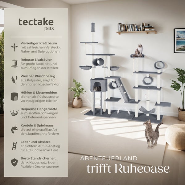 Kratzbaum tectake Snooky inklusive 2 Treppen, 2 Spielkordeln, Kratzbogen, Deckenspanner und Kippschutz 234 bis 261 cm grau