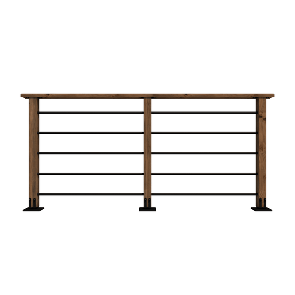 Geländersystem mit Holzpfosten, einem Handlauf aus Holz und horizontalen schwarzen Metallstäben.