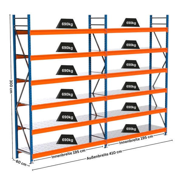 Hochregal mit mehreren Ebenen und Gewichtsangaben