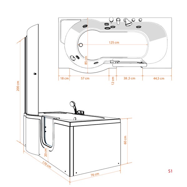 Moderne Whirlpool-Sitzbadewanne mit Glastür, Duschwand, Massagedüsen, integrierter Armatur und rutschfester Bodenstruktur.