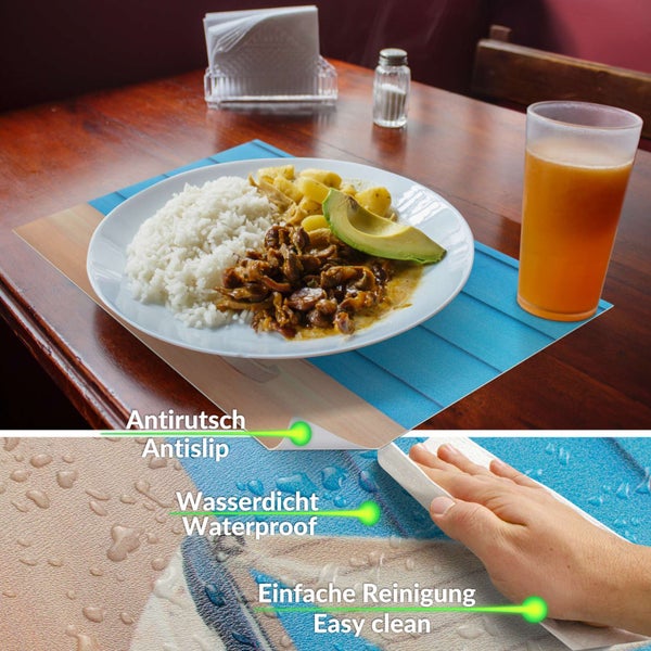 Platzset mit Strand-Motiv auf Holztisch, zeigt rutschfeste Unterseite, wasserdichte Oberfläche und einfache Reinigung mit einem Tuch.
