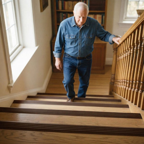 Älterer Mann geht eine Holztreppe mit installierten Treppenkantenprofilen zur Erhöhung der Trittsicherheit hinauf.