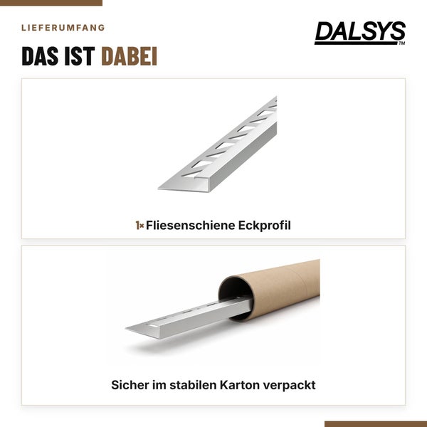 Dalsys Fliesenschiene Eckprofil zur Kantenabdeckung, sicher verpackt in einer stabilen Kartonrolle.