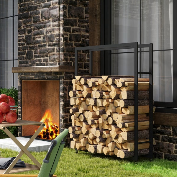 Outsunny Kaminholzregal, mit Rollen, für Indoor, Outdoor, 120 x 32 x 151 cm, Metall, Schwarz