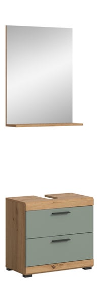 Badezimmermöbel-Set bestehend aus Spiegel mit Ablage und Waschbeckenunterschrank mit zwei grünen Schubladen in Eiche-Optik.
