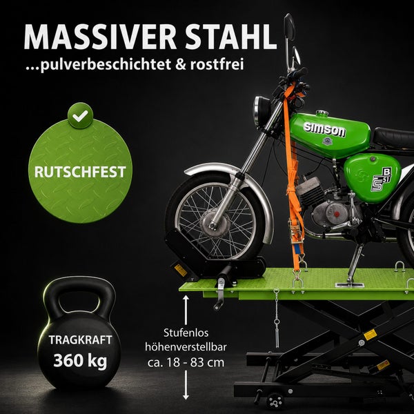 Motorradhebebühne aus massivem, pulverbeschichtetem Stahl, Tragkraft 360 Kilogramm, rutschfest, rostfrei und stufenlos höhenverstellbar.