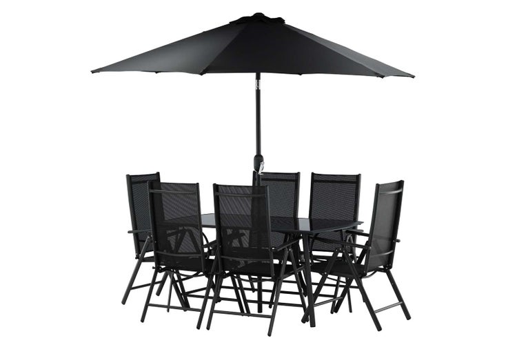 Brekki Gartenset Tisch 90x150cm schwarz, 6 Stühle schwarz. 90 X 150 X 73 cm