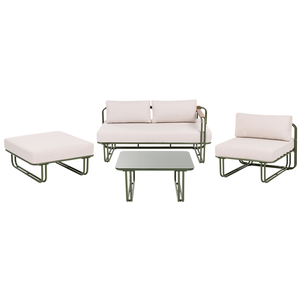 Gartenmöbel Set bestehend aus einem Sofa, einem Sessel, einem Hocker und einem Tisch mit Metallgestell und Sitzpolstern
