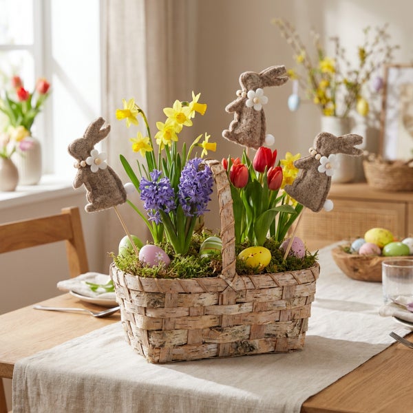 Osterkorb aus Holz mit Osterhasen Steckern, Blumen wie Narzissen, Hyazinthen und Tulpen sowie Ostereiern als festliche Tischdekoration.