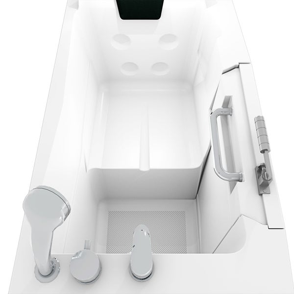 Seniorenbadewanne mit Tür, integriertem Sitz, Massagedüsen, Handbrause und Haltegriff.