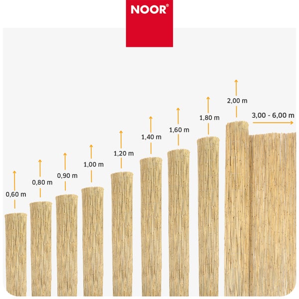 Noor Logo und Schilfrohrmatten in verschiedenen Höhen von 0,60 Meter bis 2,00 Meter mit Längenangaben für Sichtschutz im Garten