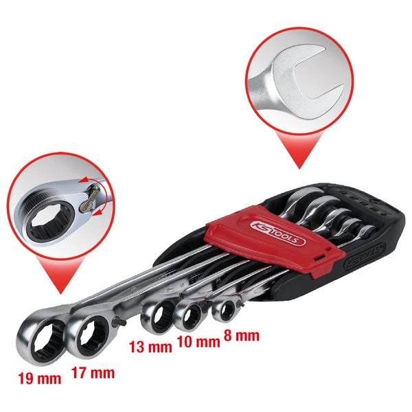 KS Tools Ringmaulschlüsselsatz mit Ratschenfunktion und offenem Maul, 8-19 mm