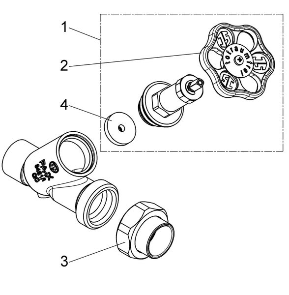 Explosionszeichnung eines totraumfreien Schrägsitzventils mit nummerierten Teilen wie Handrad, Ventiloberteil, Dichtung und Verschraubung.