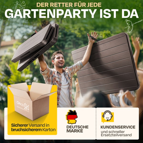 Mann hält zusammengeklappte braune Gartentische im Garten. Ondis24 Logo, sicherer Versand, deutsche Marke und Kundenservice.