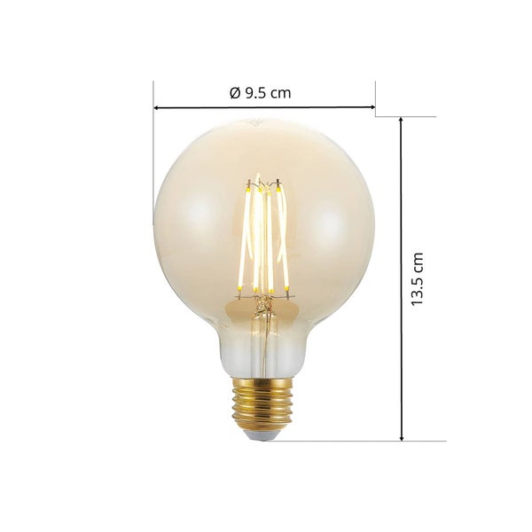 LED-Filament-Globelampe mit einem Durchmesser von 9,5 Zentimetern und einer Höhe von 13,5 Zentimetern.