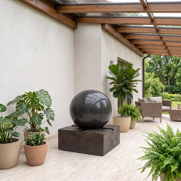 Moderner Kugelbrunnen auf quadratischem Sockel auf einer Terrasse mit Pflanzen und Gartenmöbeln unter einer Holzüberdachung.