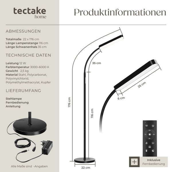 Produktinformationen zur Stehlampe mit Fernbedienung und den Abmessungen.