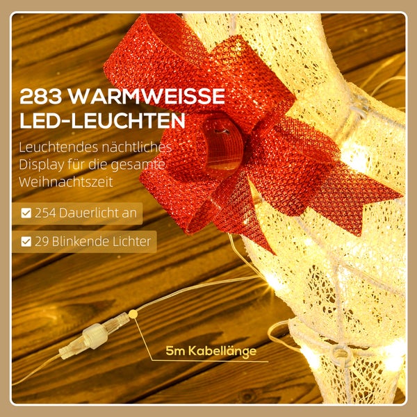 Beleuchtetes Rentier mit 283 warmweißen LED-Lichtern, roter Schleife, 254 Dauerlichtern, 29 blinkenden Lichtern und 5 Meter Kabellänge.