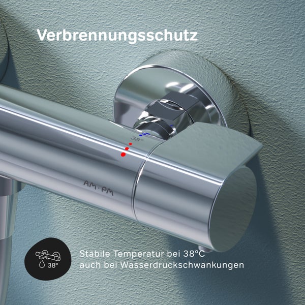 AM PM Thermostat Armatur mit Verbrennungsschutz und stabiler Temperaturregelung bei 38 Grad Celsius.