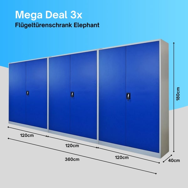 Dreier-Set Flügeltürenschrank Elephant aus Stahl, Maße 360 mal 180 mal 40 Zentimeter, abschließbar.