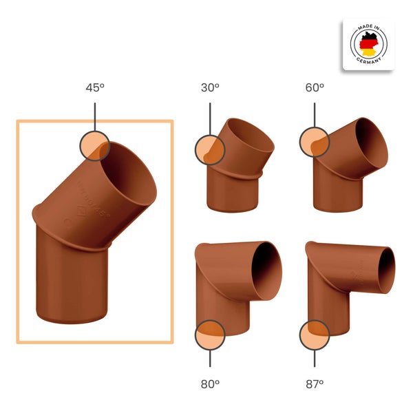 Abwasserrohr-Bögen in verschiedenen Winkeln: 30 Grad, 45 Grad, 60 Grad, 80 Grad und 87 Grad. Made in Germany Siegel.