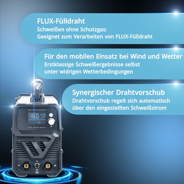 STAHLWERK Schweißgerät FLUX 160 ST Digital mit 160 A, synergischem Drahtvorschub