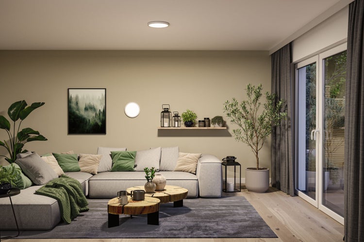 Modernes Wohnzimmer mit grauem Ecksofa, grünen Akzenten durch Kissen und Pflanzen, rustikalen Holztischen und dezenter Beleuchtung.
