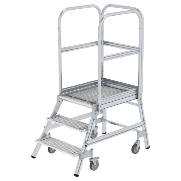 Rollbare Arbeitsbühne mit zwei Stufen und Geländer