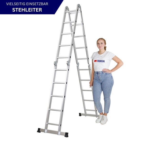 Vielseitige Aluminium Stehleiter mit einer stehenden Person daneben.