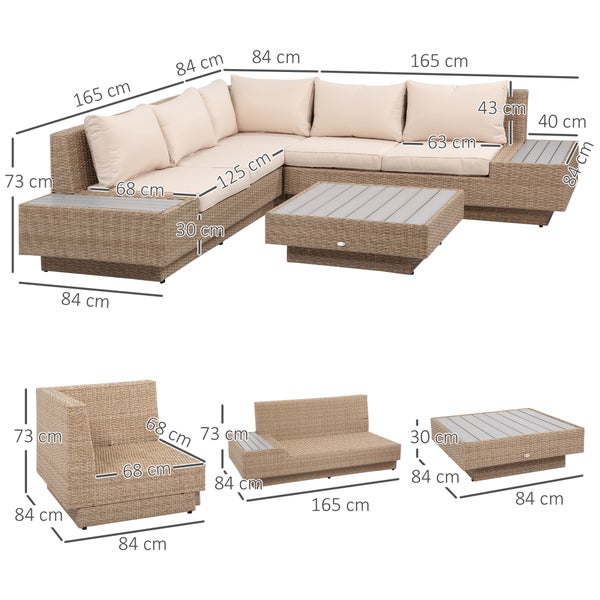 Garten-Lounge-Set aus Geflecht mit Maßen in Zentimeter: Beige Ecksofa mit Polstern und quadratischer Couchtisch.