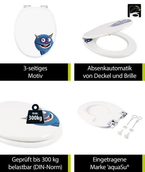 aquaSu® WC-Sitz mit Absenkautomatik, lustiges Dekor Monster Ecky, Toilettensitz mit Holzkern & Fast Fix Schnellbefestigung, universale O Form, Metallscharnieren, Toilettendeckel witzig, 402767